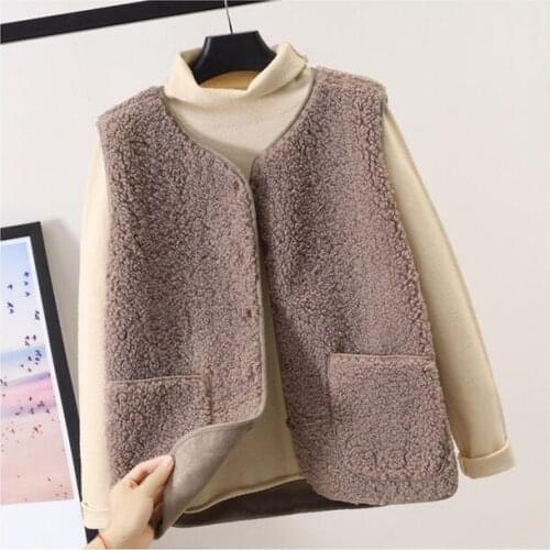 Khaki Lamb Wool Fur Furry Plush Vest Women Sleeveless Down Coat Tops Casual Short Outwear Waistcoat Parkas Jacket Coats Cloth