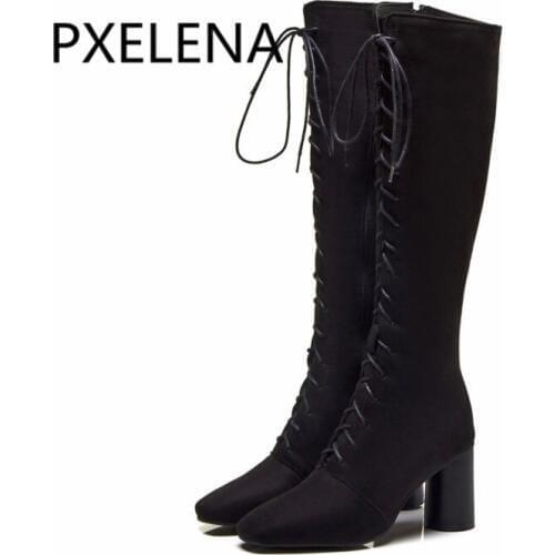 PXELENA Vintage Lace Up Riding Knight Knee High Boots Women Shoes Square Toe Flock Round High Heels Long Boots Female Black 2018