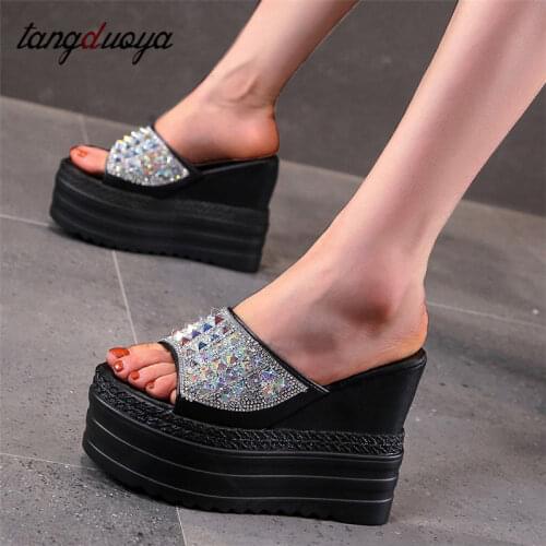 Chunky heels sandals women crystal beach slippers women for summer slides women designer wedges heels platform slippers