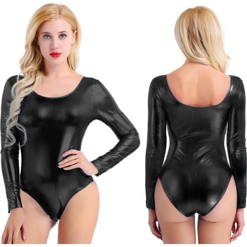 Stage Ballet Leotards for Women Adults Dance Leotards Long Sleeve Shiny Patent Leather Ballet Bodysuit Dance Costumes Dance Wear