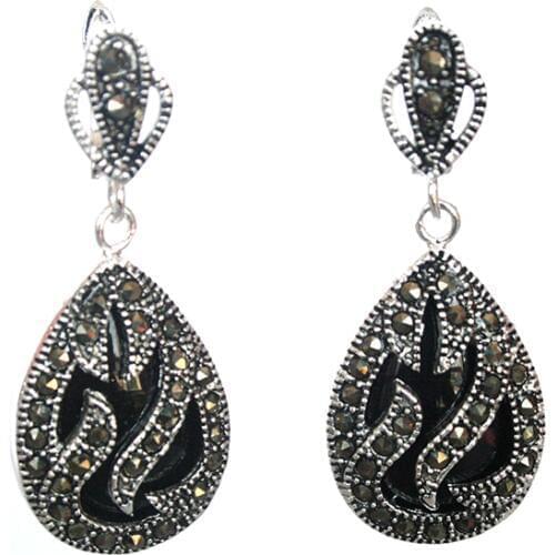 11/2" late trend 925 Silver & Marcasite inlay black Natural jade Waterdrop Earrings