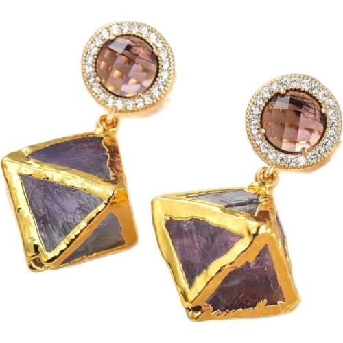 JK Natural Purple Gems Fluorite Nugget Gold Color Plated Earrings