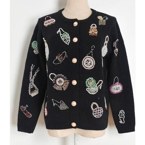 High Quality Beaded Cardigan Sweater Women Autumn Runway Knitted Cardigan Bags Shoes Pattern O-Neck Single Breasted Knit Tops