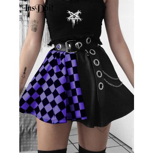 InsDoit Gothic Plaid Patchwork Black Purple Skirt Women Harajuku Sexy Pleated Skirt Punk Y2K Aesthetic Summer High Waist Skirts