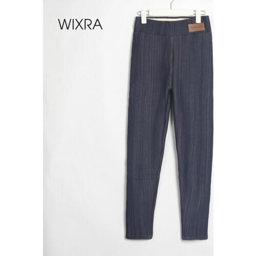 Wixra Slim Fit Jeans Female High Elastic Waist Casual Pockets Thick Lamb Wool Fur Denim Pants For Women Winter