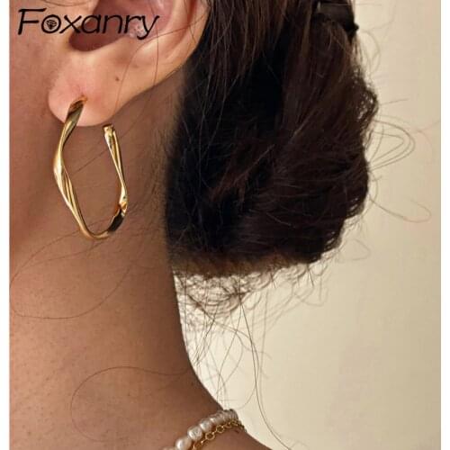 Foxanry Prevent Allergy 925 Sterling Silver Stud Earrings for Women Vintage Elegant Gold Plated Twisted C Shape Bride Jewelry