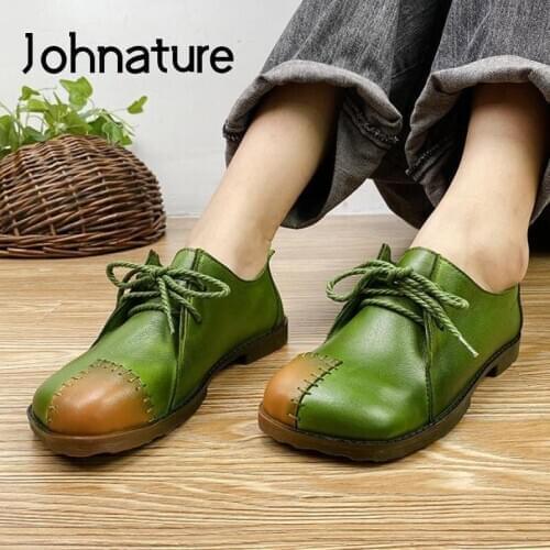 Johnature Autumn 2020 New Flats Women Shoes Genuine Leather Mixed Colors Casual Lace-up Round Toe Shallow Handmade Ladies Shoes