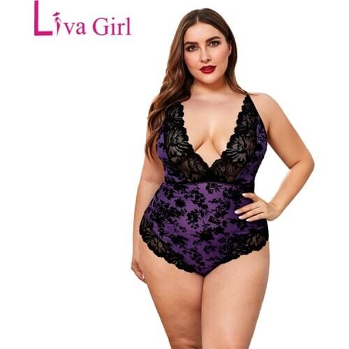 LIVA GIRL Plus Size Sleeveless Bodysuits Womens Sexy Sheer Lace Trim Deep V-neck Bodysuit Female Body Tops Big Size Clothes 5XL