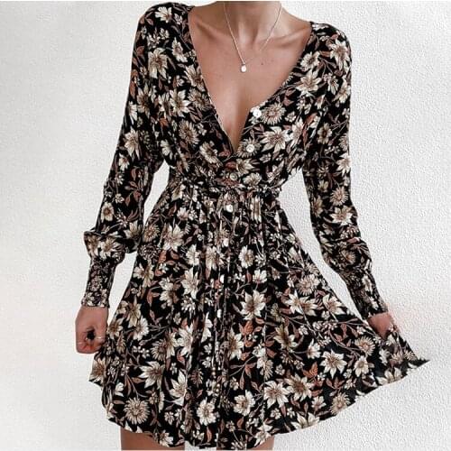 Spring Autumn Women Dress Casual Long Sleeve Vintage Printing Single-breasted High Waist Short Dress Sexy MIni Clubwear Party