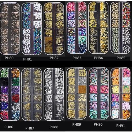 12Grids/Box Nail Acrylic Stones Nail Beads Mixed Shape Nail Sticker Set Tips Rhinestones For 3D Decoration Nail Rivet Charms