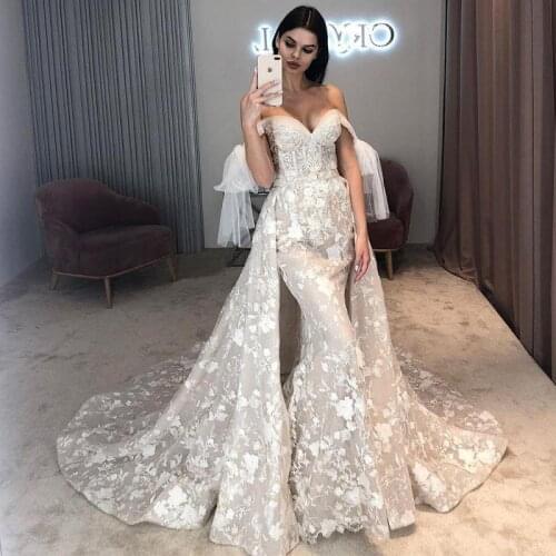 2020 Mermaid Floral Lace Applique Wedding Dresses with Detachable Train Off Shoulder Castle Wedding Gowns vestido de novia