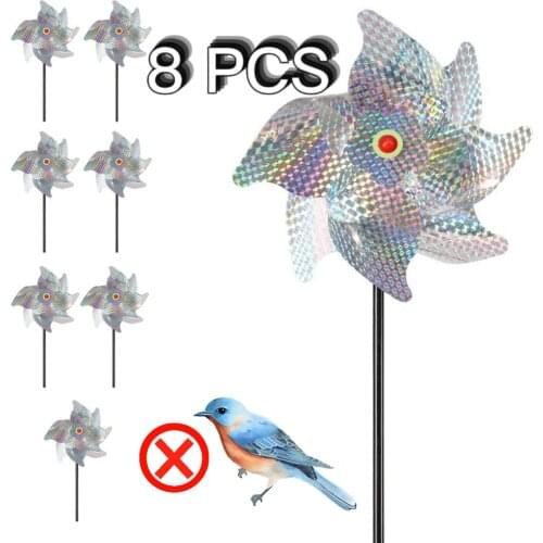 8PCS Garden Bird Repel Pinwheel Repellent Sparkly Reflective Bird-Scaring Windmill PVC Silver Deterrent Lawn Flower Decoration