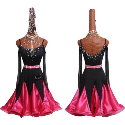 Shiny Rhinestone Ladies Latin Dance Dress For Fashion Women Black Long Seeve Stage Standard Modern Perform Training Salsa Dress