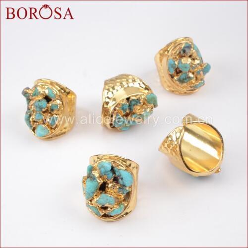 BOROSA Fashion New Collection Gold Color Rough Natural Turquoises Chips Ring, Natural Blue Stone Druzy Jewelry Rings G1433