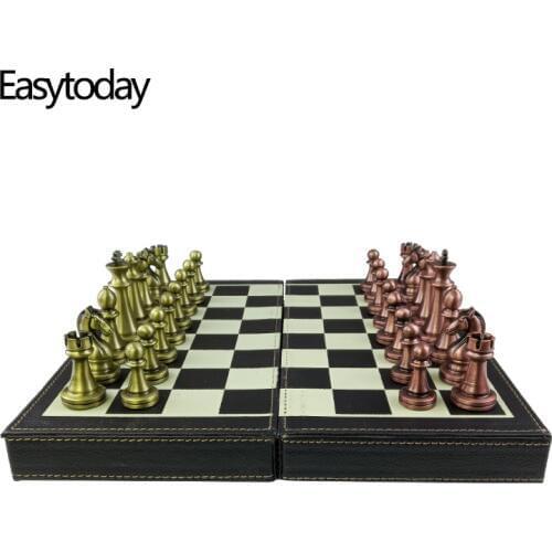 Easytoday Folding Chess Synthetic Leather Chess Board Solid Wood Chess Box Metal Chess Pieces High-quality Table Games Set Gift