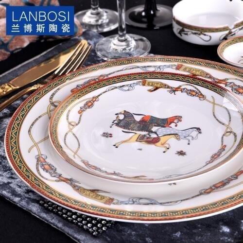 European Fine Bone China Running Horse Western Cake Plate Beautiful Ceramic Tableware Hotel Decorative Plates For Dessert,Snack