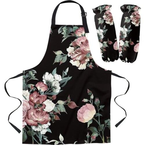 Black Modern Flower Art Apron Cuff Oven Mitts Woman Kid Bibs Home Cooking Baking Coffee Shop Cleaning Kitchen Accessories