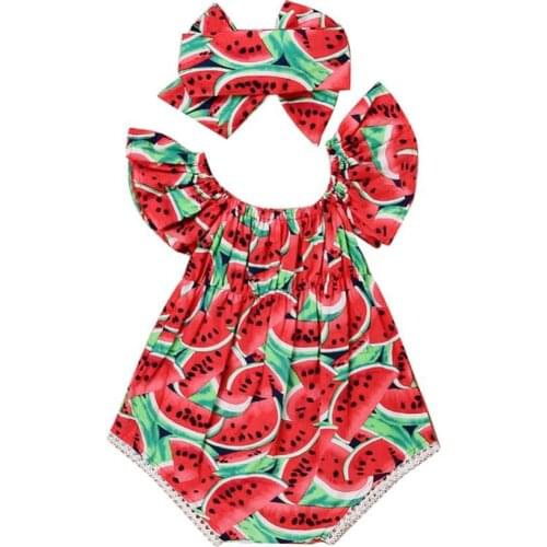 Hot Sale 50% Baby Girl Bodysuit Watermelon Ruffle Shoulder Sleeveless Romper Hairband Outfits