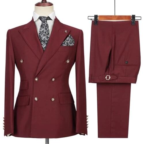 Burgundy Costume Homme Double Breasted Men Suits Tuxedo Groom Prom Wedding Blazer Terno Masculino Slim Fit 2 Pcs Jacket Pant