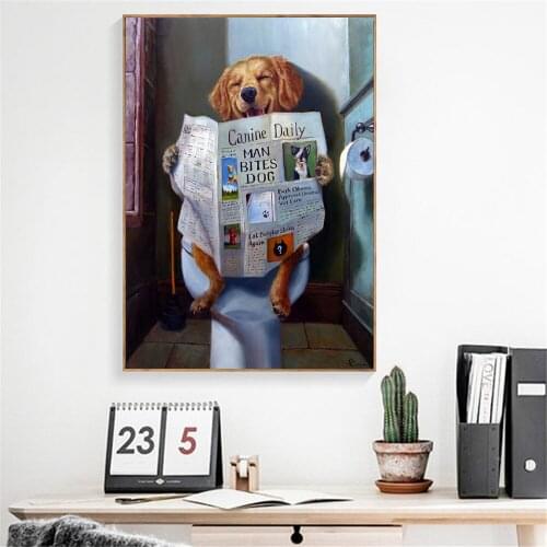 Cute Posters and Prints Bathroom Room Decor Wall Art Prints Funny Dog Toilet Reading Paper Home Decorative Nordic Canvas Art