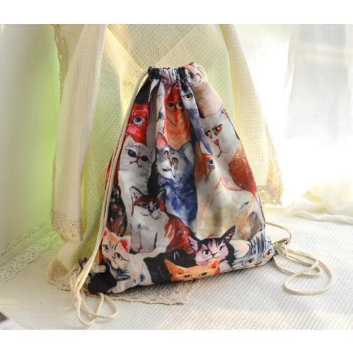 Fashionable men and women canvas shoulder bag cat pattern drawstring students