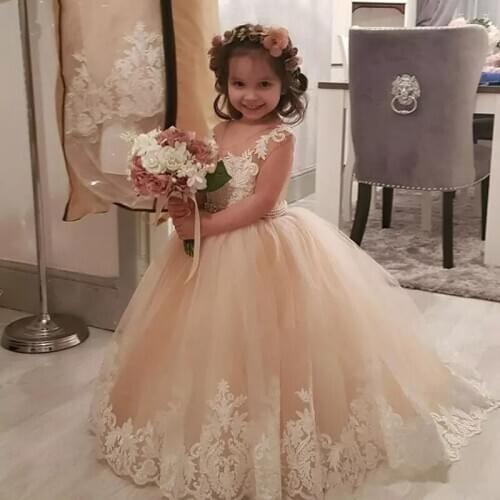 Cheap Sweet flower girls dresses for weddings Baby Party Champagne children Pageant Dress kids prom dresses evening gowns