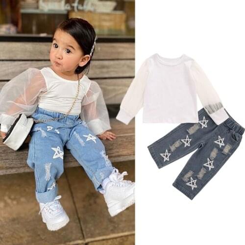 Toddler Baby Girls Spring Clothes Sets 0-4Y Mesh Lace Long Sleeve Pullover Top + Ripped Denim Pants 2Pcs Clothes Set