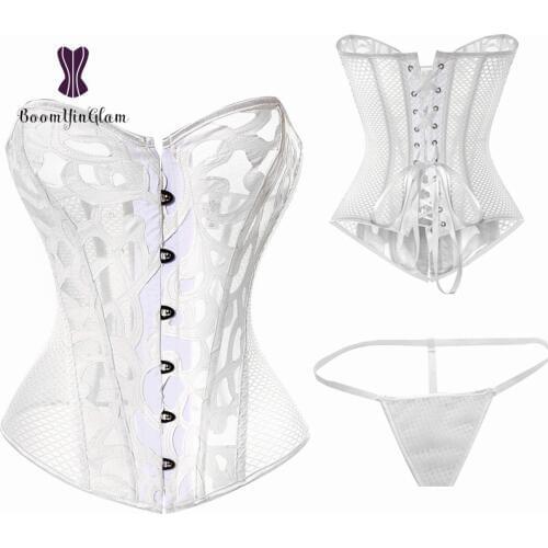 Wholesale White Hollow Out Sexy Corset Transparent Corselet Mesh Net Korsett With G String Plus Size S-XXXL 930