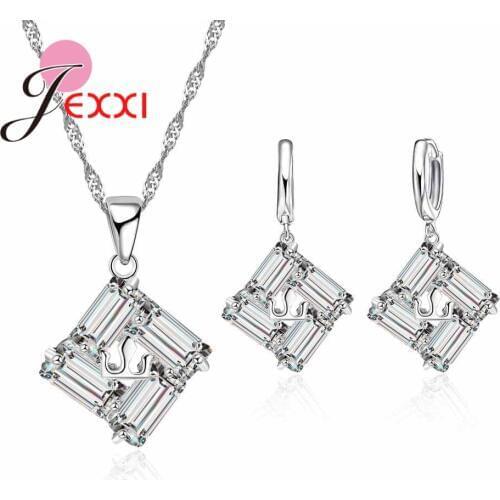 Wholesale 925 Sterling Silver Wedding Bridal Jewelry Set Women Accesories Cubic Zircon Square Pendant Necklace/Earing