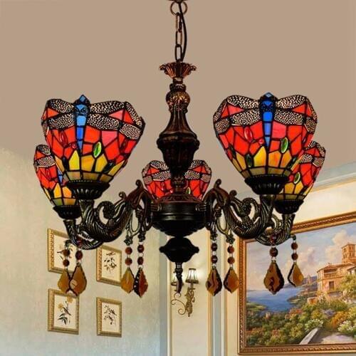 American garden Tiffany colored glass living room, bedroom bar, red dragonfly 5 head lighting