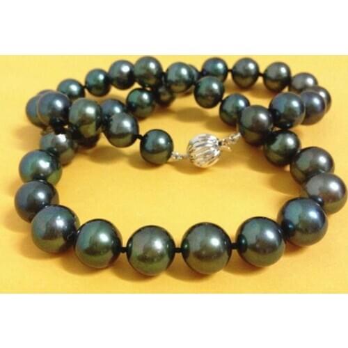 10-11mm natural real round freshwater black pearl necklace 925silver gold