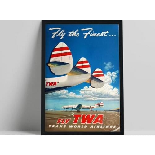 Vintage Airline World Travel Print Poster, Fly Twa Publicity Art Prints, Blue Sky White Cloud Airplane Wall Picture Home Decor