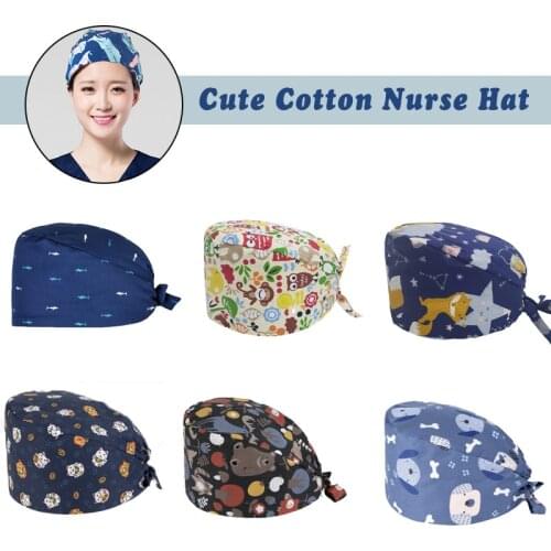 Adjustable Cotton Scrub Cap Doctor Nurse Dentist Pharmacy Lab Hat Kitchen Pet Veterinary Beauty Salon Printed Cap