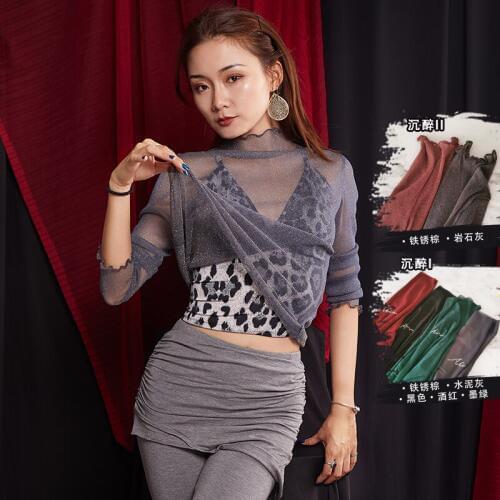 Latin Dance Shirts Tango Cha Cha Rumba Samba Dancing Tops Female Sexy Seethrough Mesh Long Sleeves Practice Clothes DNV12247