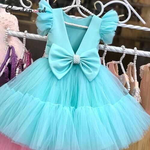 Gardenwed Pleated Flower Girl Dresses Pearls Belt Bow Girl Princess Dress Simple Birthday Dress Vestido Comunion Niña