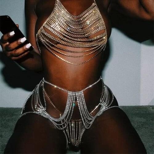 Sexy Womens Rhinestone Multilayer Luxury Body Chain Tassel Crystal Underwear Body Chain Bra Fashion Sling Crystal Waist Chain