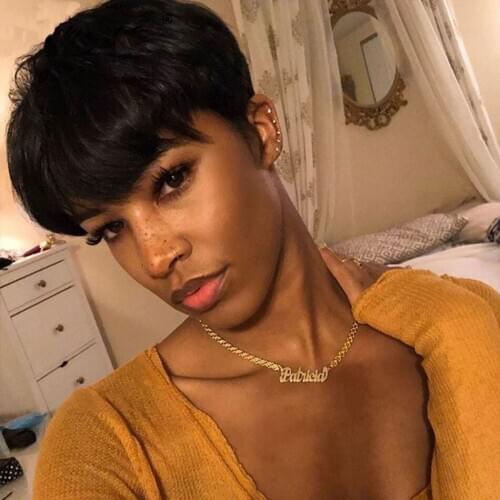 Cutting Brazilian Human Hair Short Wigs Pixie Cut Wigs with Bangs Short Natural Black Layered Wigs for Women Machine Made Wig