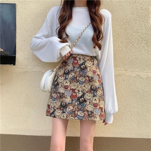 2021 Spring Summer Women High Waist Short Skirts A Line Japanese Style Sweet Kawaii Loose Oversize Bear Print Female Mini Skirt