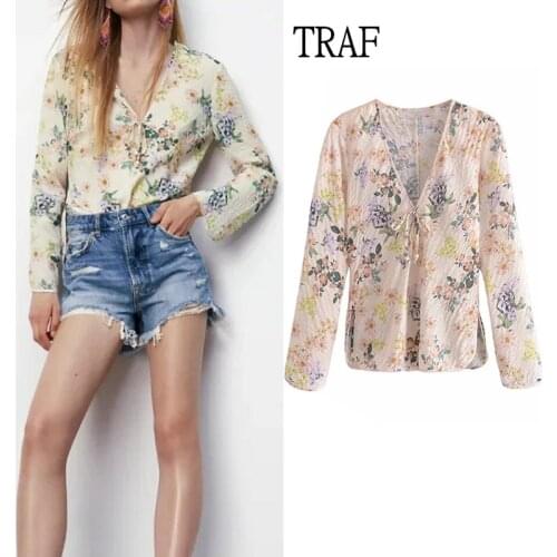 TRAF Za 2021 Print Women Tops And Bloues Summer Elegant Ruched Texture Bow Long Sleeve Women Shirts Chic Split Woman Blouse