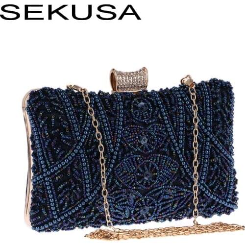 SEKUSA Vintage beaded women evening bags luxury new embroidery diamonds clutch bag with chain shoulder messenger purse