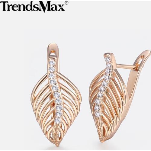 Womens Earrings 585 Rose Gold Clear Cubic Zircon CZ Stone Leaf Shaped Stud Earring Fashion Jewelry Gifts for Women Girls KGE166