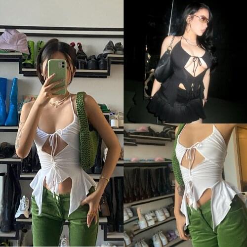 Womens summer sexy hollow camisole tight-fitting sleeveless halter neck strapless backless vest Sexy split top for bar party /F