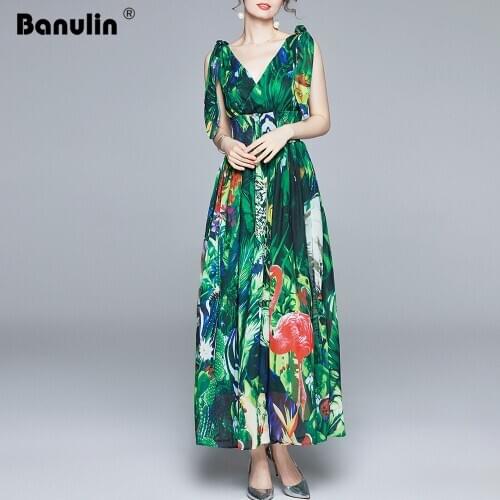 Banulin Summer Runway Maxi Dress Womens V-Neck Bow tie Strap elastic Waist Green jungle Print Holiday Boho Chiffon Long Dress