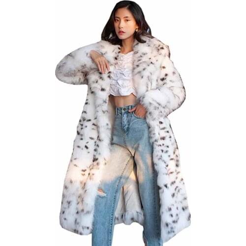 New Pop Elegant Women Winter Overcoat High Imitation Fox Fur Warm Coat Ladies Vogue Leopard Print Plus Size 6XL Coats G058