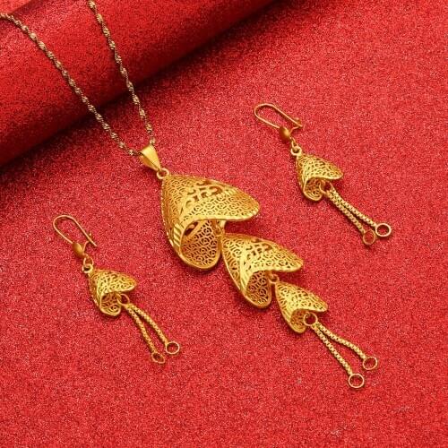 African Big Pendant Necklaces Earrings Jewelry Set for Women Fulani Ethiopian Wedding Party Gifts