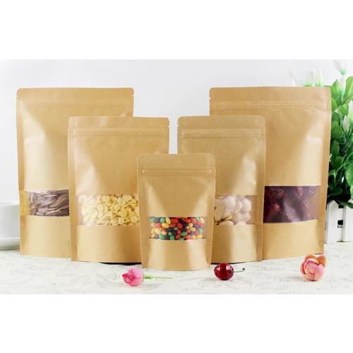 Kraft Paper Standing Zipper Tea Bags with Matte Window Recloseable Yellow Kraft Moistureproof Pack Storage Candy,Beans Pouches