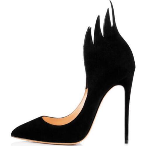 Elegant Black Red Flame Design High Heel Pump Pointed Toe Slip-on Women Dress Shoes Thin Heels Low Cut Party Dress Shoes