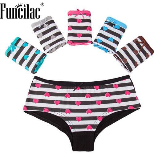 FUNCILAC Panties Striped Sexy Underwear Women Heart Bowknot Lovely Cute Cotton Briefs Underpants 5pcs/lot