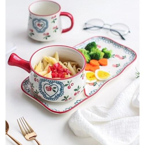 Ceramic dish Japanese breakfast dishes cutlery set one person tableware creative cute cherry breakfast plate oatmeal bowl