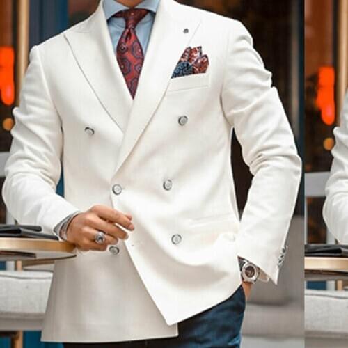 White Double Breasted Men Suits 2 piece Formal Wedding Tuxedo for Groomsmen Man Fashion Clothes Set Jacket with Black Pants